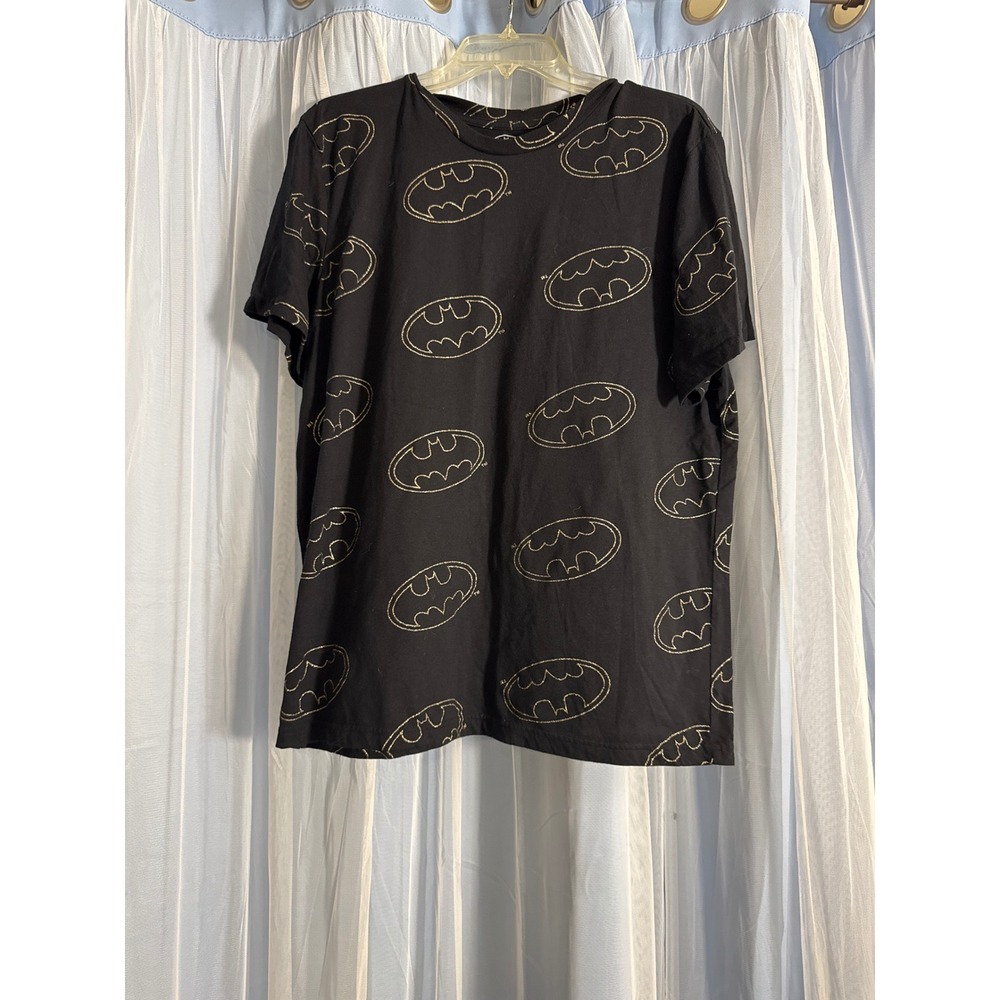 DC Comics T-Shirt Women 2XL Batman All-Over Gold Glitter Logo Black EUC